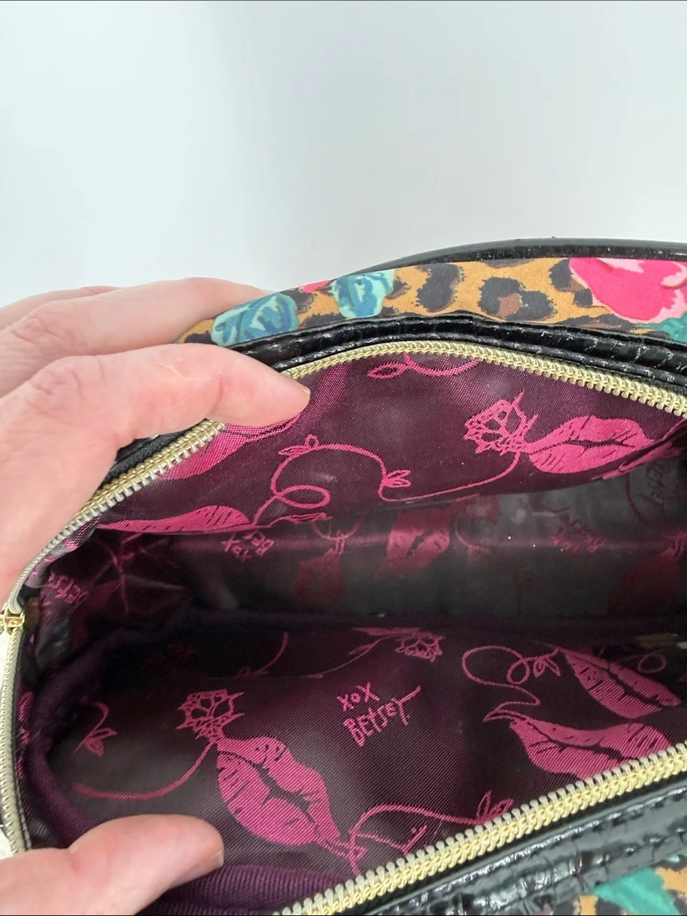 Betsey Johnson Leopard Floral Cosmetic Pouch - Pink, Teal & Brown